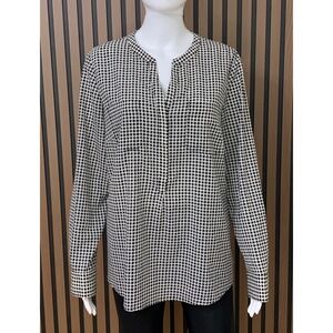 Talbots Women's L Houndstooth Split Neck Long Sleeve Blouse Black White